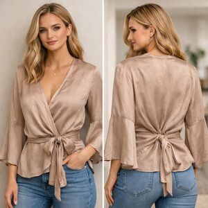 Chan Luu Silk Blend Kimono Wrap Blouse Champagne Bell Sleeve Tie Waist Top